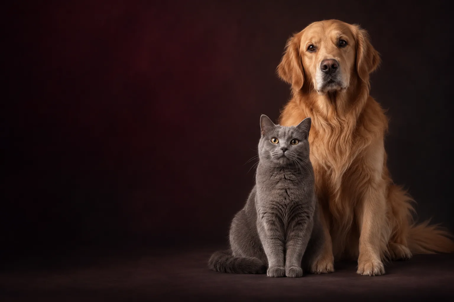 Retrato editorial de un perro golden retriever y un gato gris